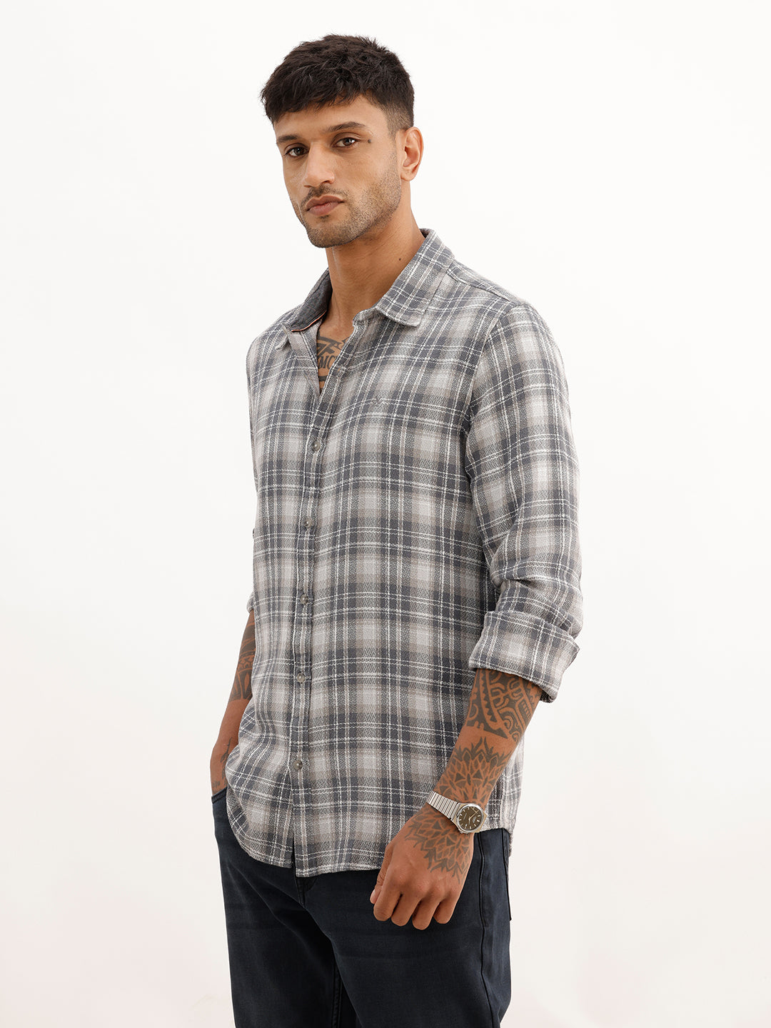 Slim Fit Checkered Full Sleeve Shirt | Grey