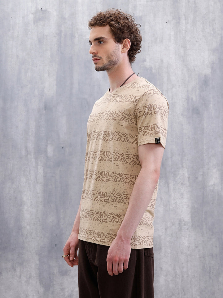 Ancient Script Striped AOP T-Shirt | Khaki