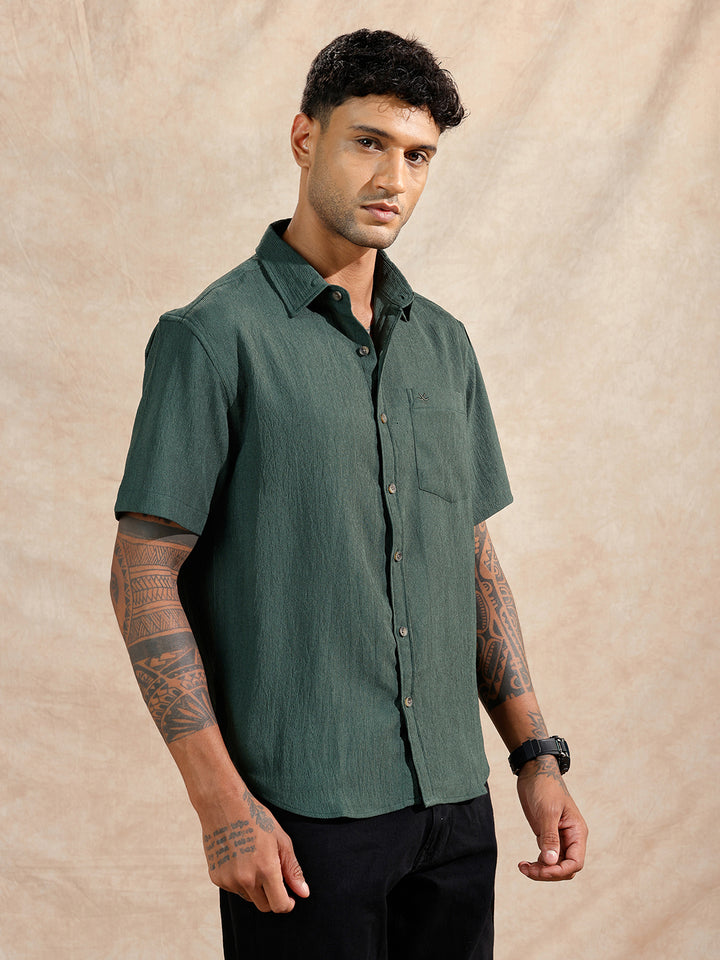 Classic Textured Short Sleeve Shirt | Dark Green