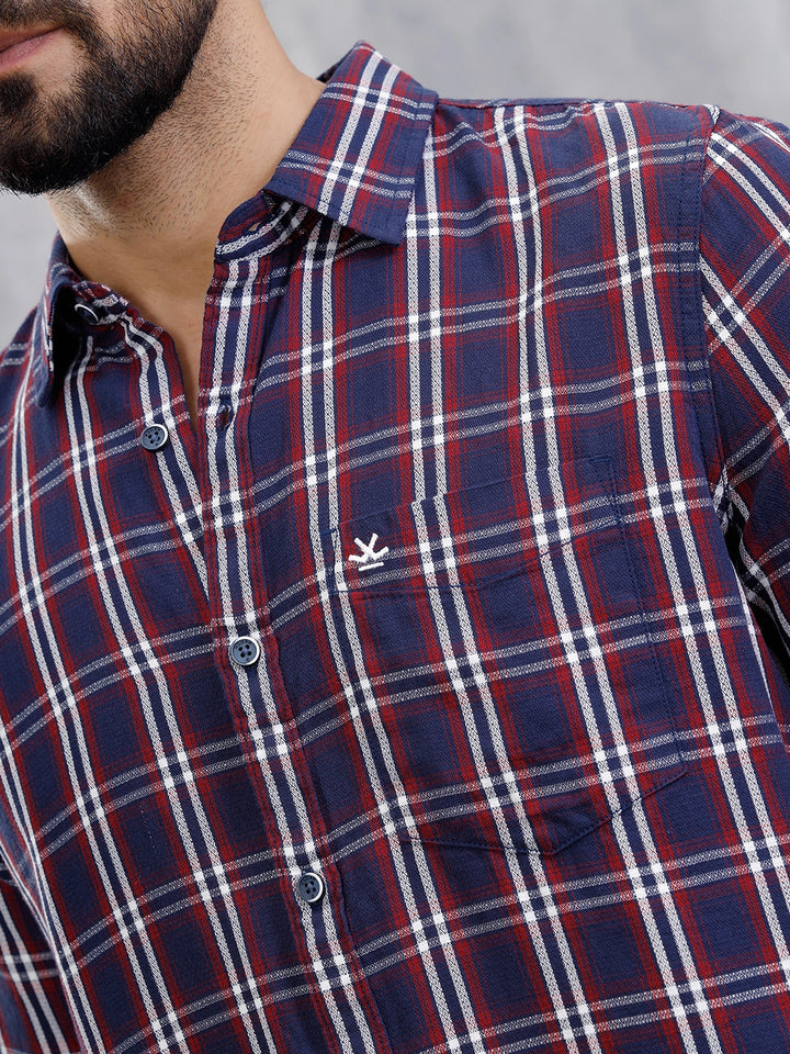 Textured Checkered Cotton Shirt | Navy Blue