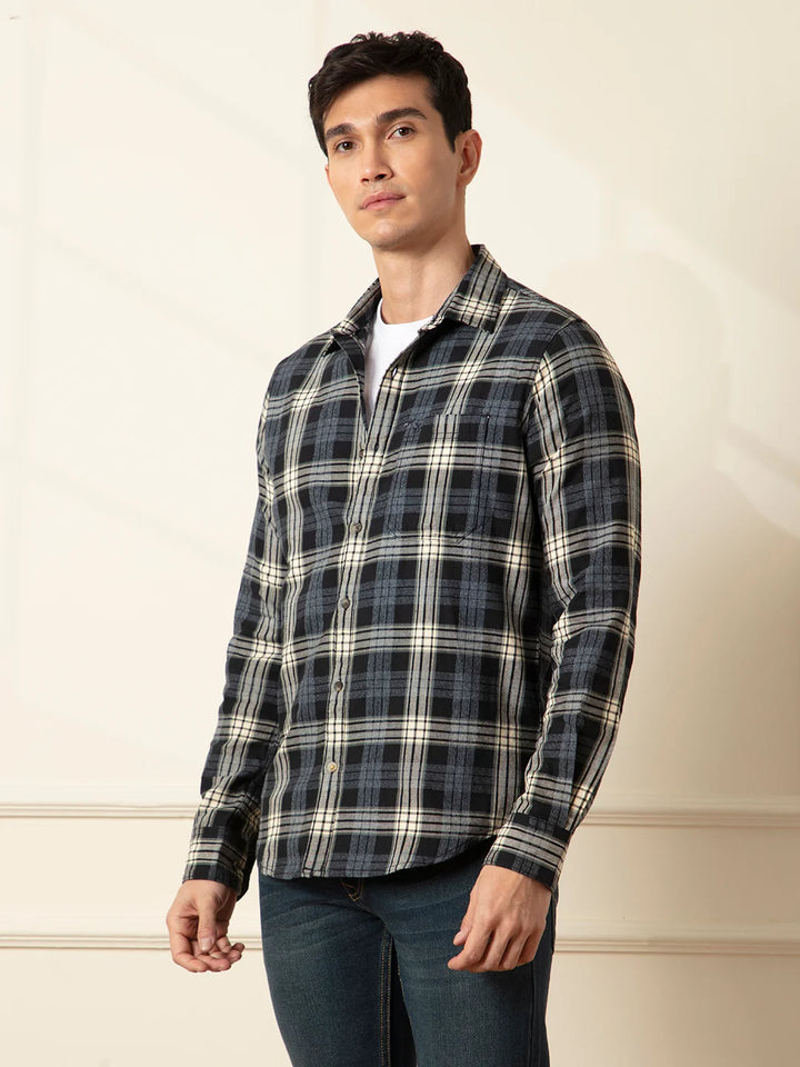Textured Checks Slim Fit Shirt | Black