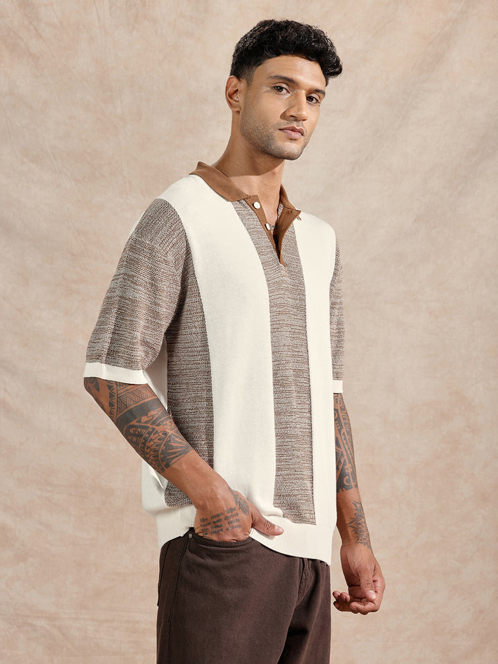 Textured Flat Knit Polo T-Shirt | Maroon & Beige