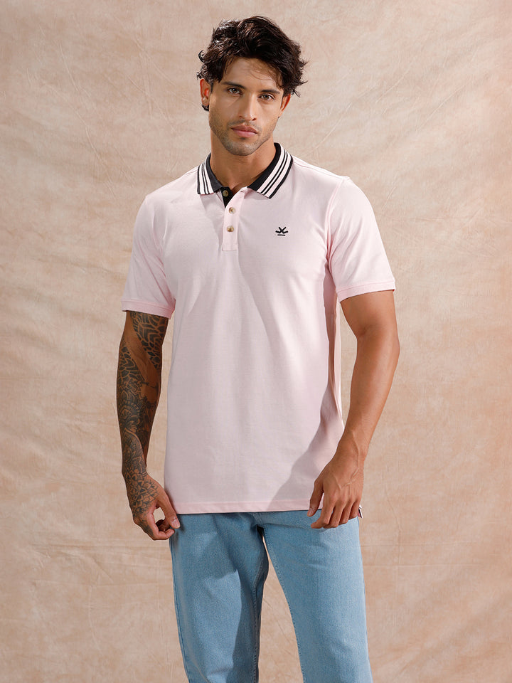 Contrast Striped Collar Polo T-Shirt | Light Pink