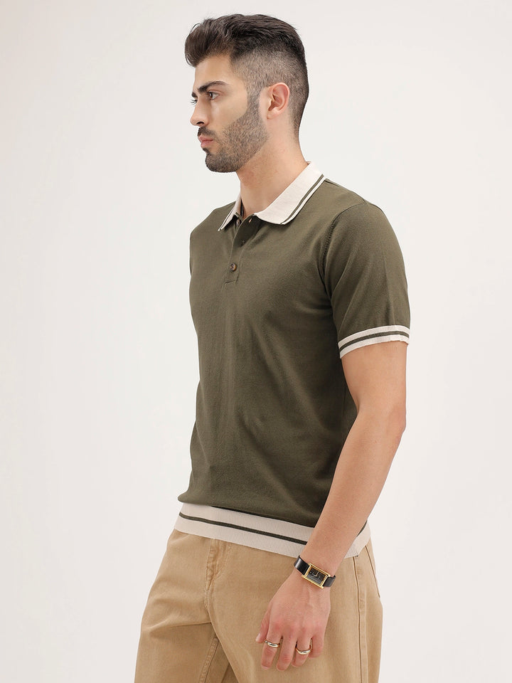 Classic Slim Fit Tipping Collar Polo T-Shirt | Olive