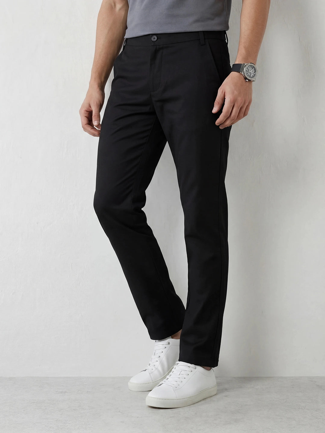 Straight Fit Solid Trouser | Black