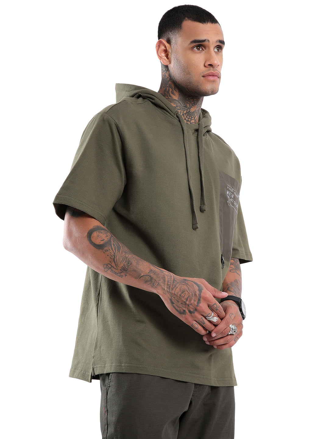 Olive Print Hooded Oversized T Shirt Wrogn