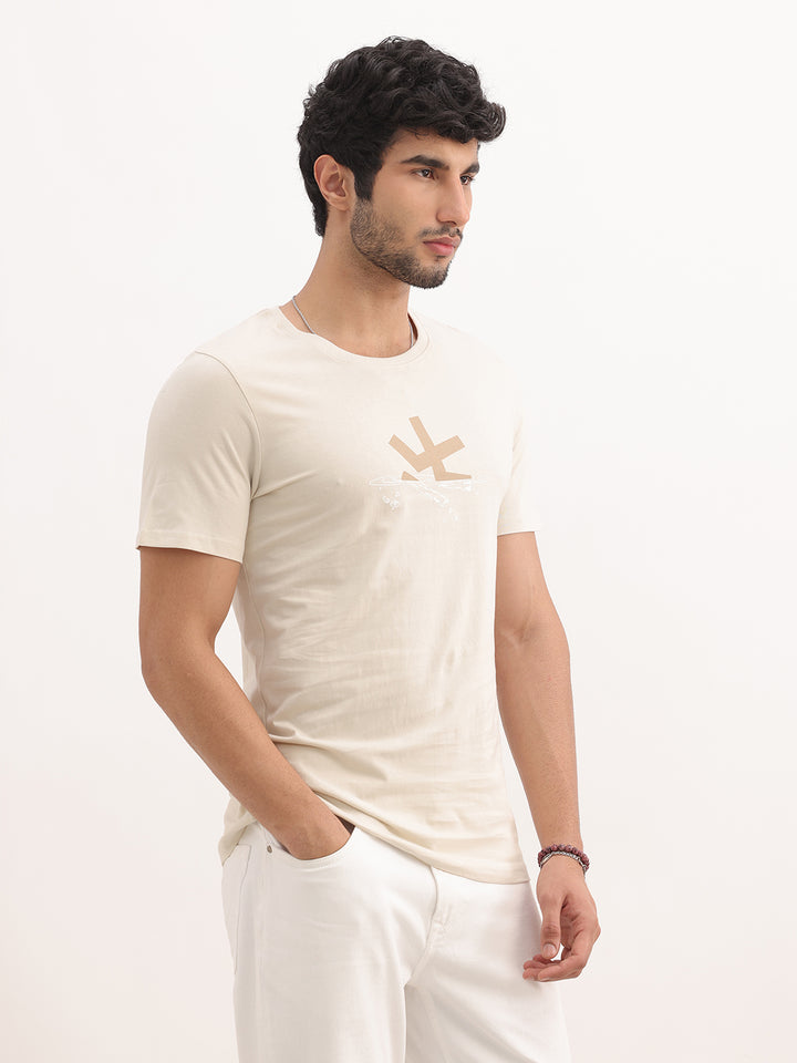 Classic Slim Fit Placement Printed T-Shirt | Beige