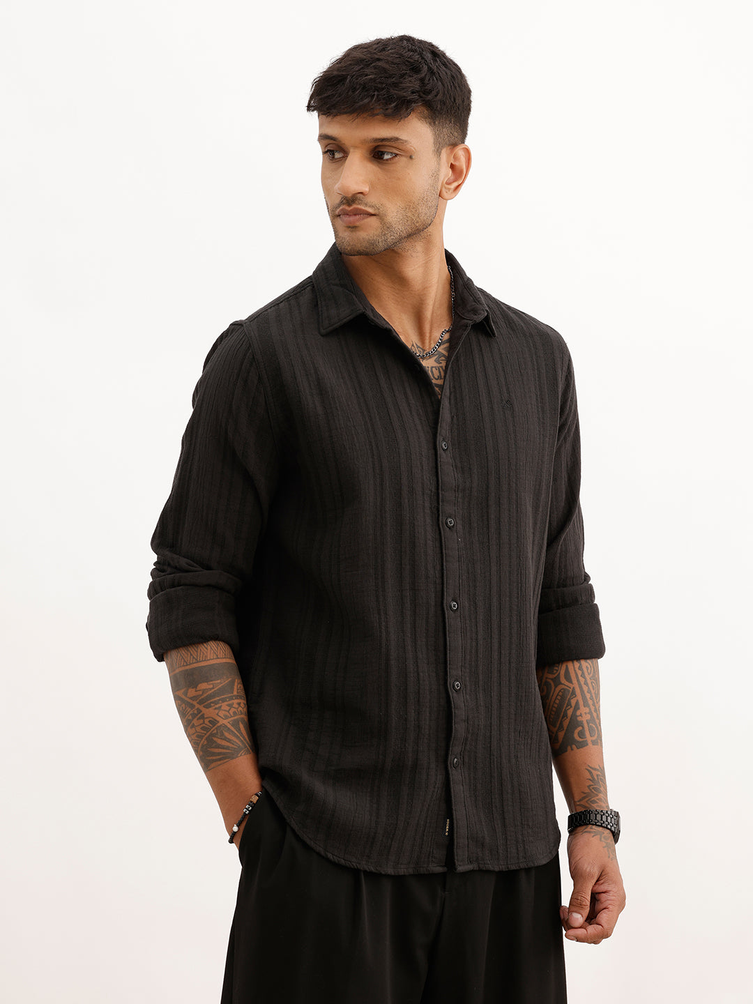 Textured Slim Fit Striped Shirt | Black