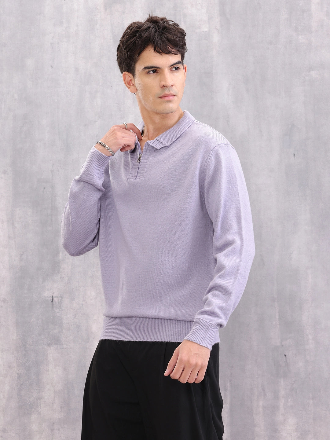 Knitted Pullover With Stylized Half Zip Polo Collar | Lavender