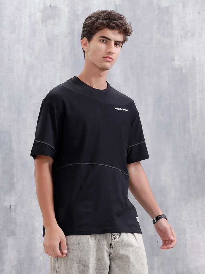 Casual Men Oversized Fit Tee With Flat Lock Detail | Black