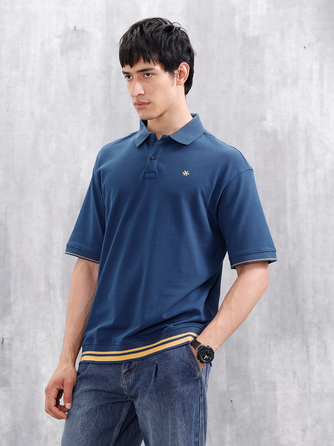 Oversized Polo T-Shirt With Contrast Trim Details | Dark Blue