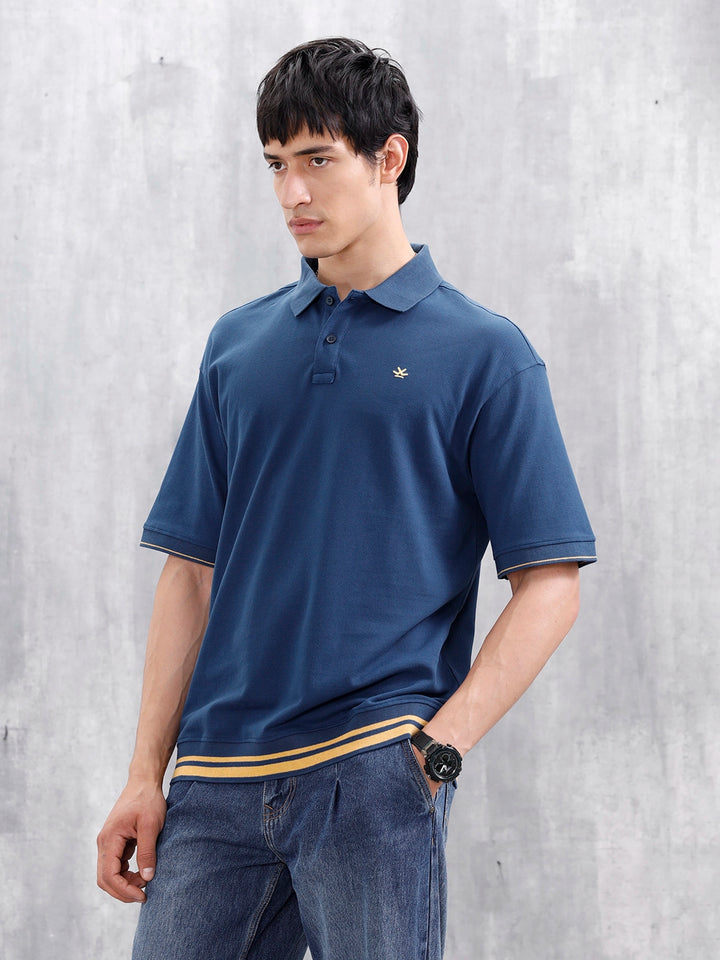 Oversized Polo T-Shirt With Contrast Trim Details | Dark Blue