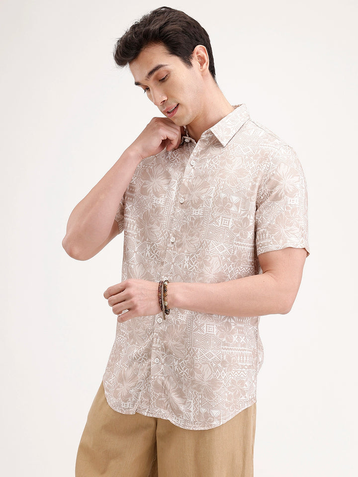 Slim Fit AOP Shirt | Beige