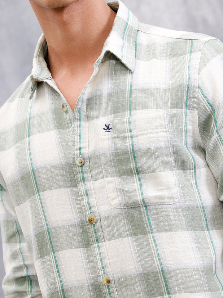 Cotton Twill Slub Checks In Slim Fit | Green