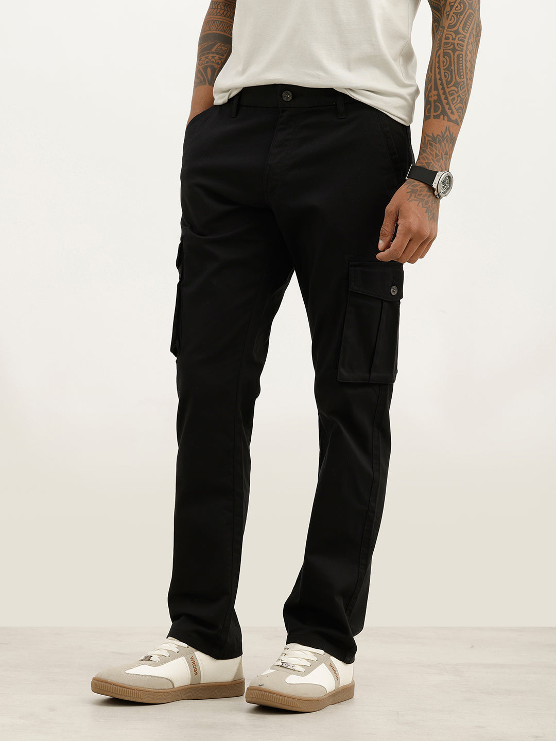 Solid Straight Fit Cargo Trouser | Black