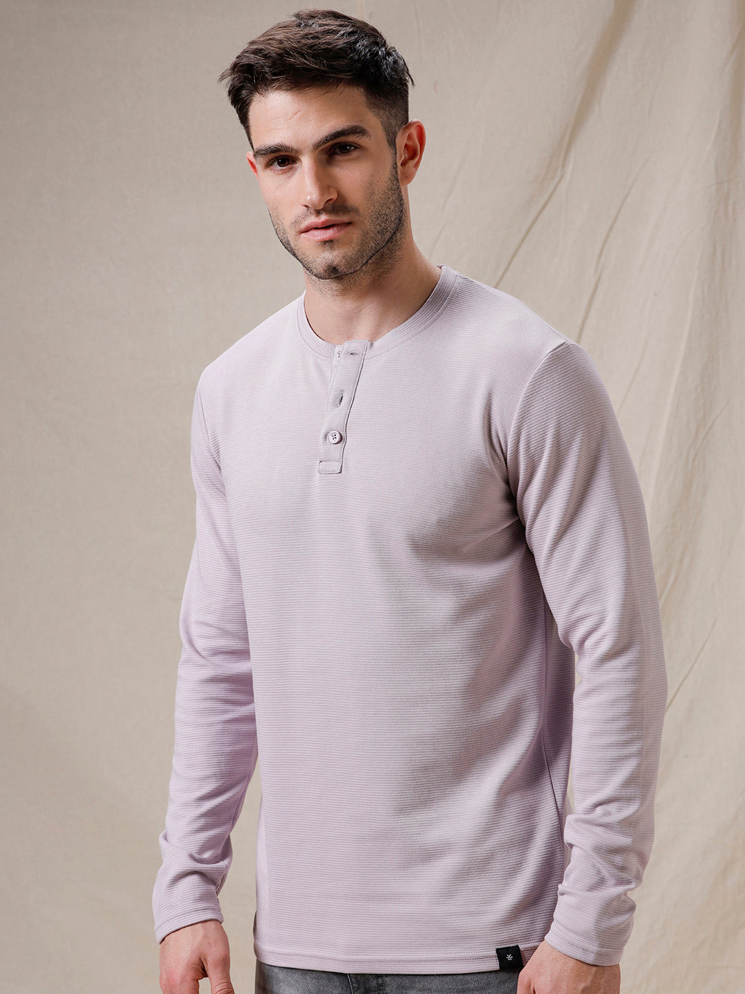 Solid Henley Neck Purple T-Shirt