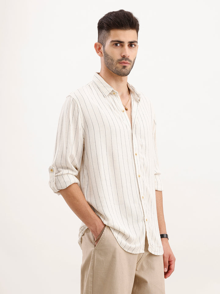Slim Fit Striped Full Sleeved Shirt | Beige