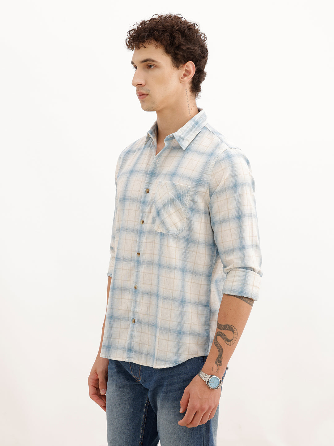 Regular Fit Full Sleeve Checkered Shirt | Light Blue