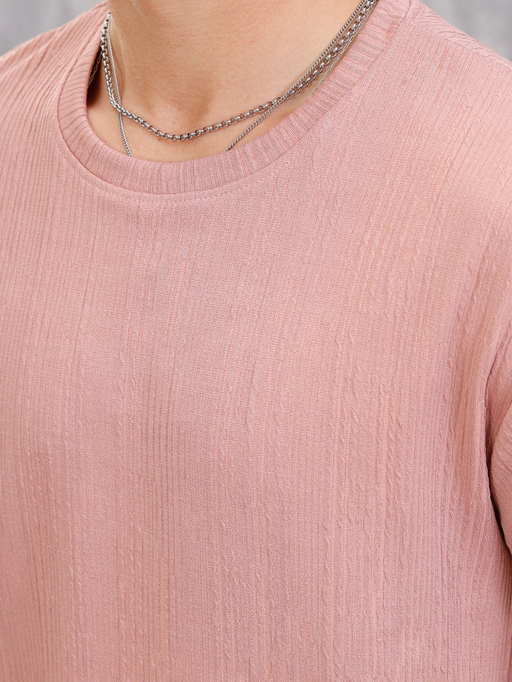 Honeycomb Textured Knit Crew Neck Pullover In Oversized Fit  |  Pink