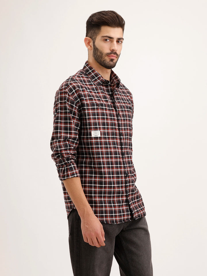Oversized Fit Double Pocket Checkered Shirt |Black