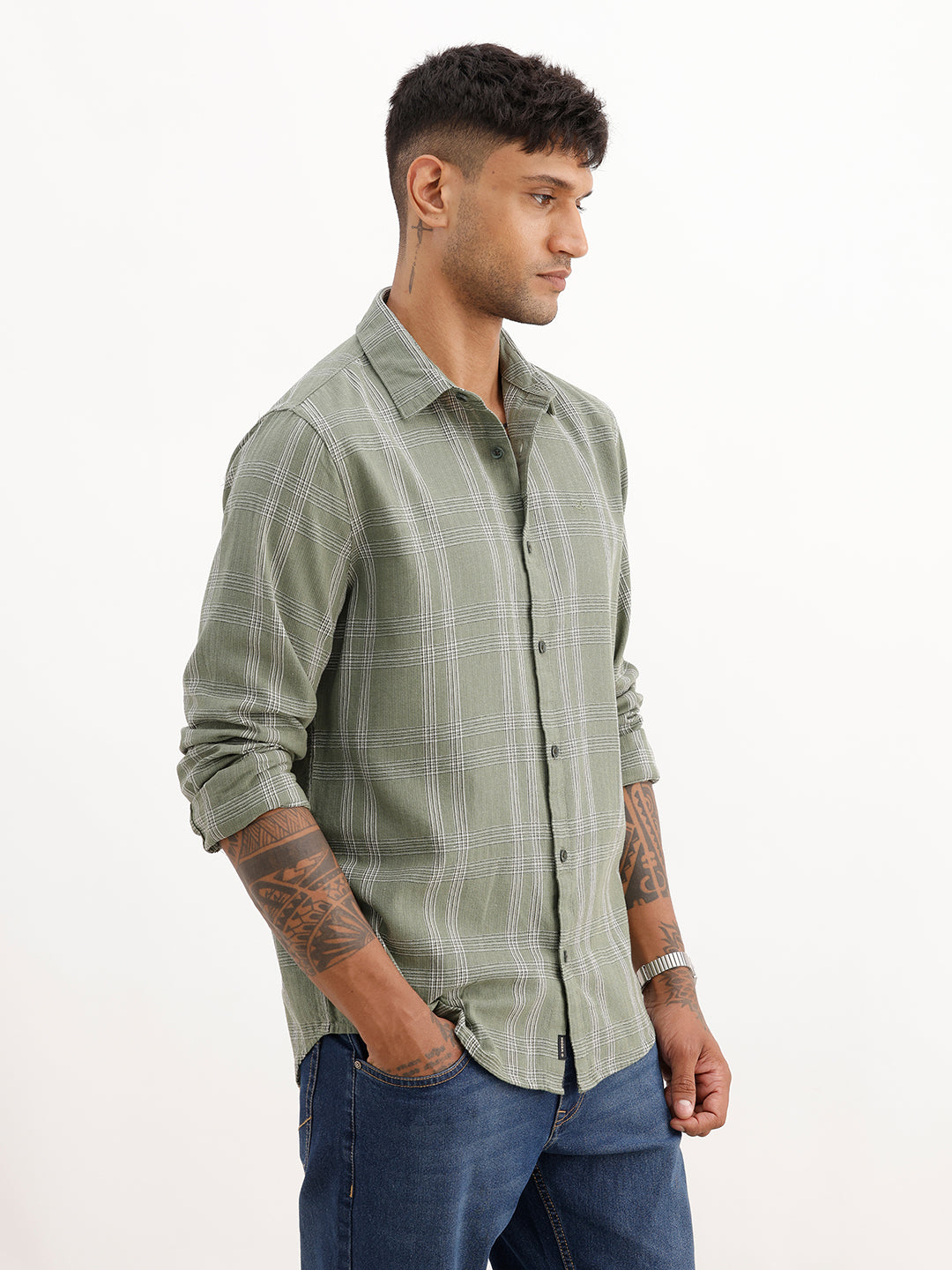 Slim Fit Checkered Full Sleeve Shirt | Green