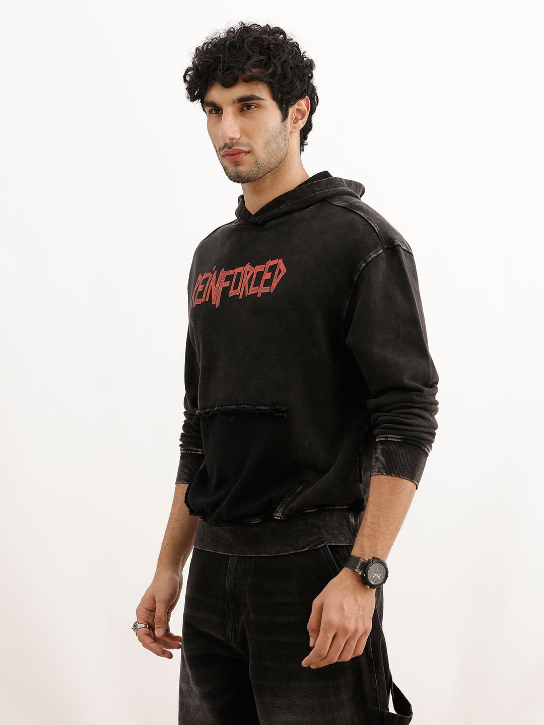 Washed Oversized Placement Printed Hooded Sweatshirt | Black