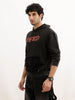 Washed Oversized Placement Printed Hooded Sweatshirt | Black