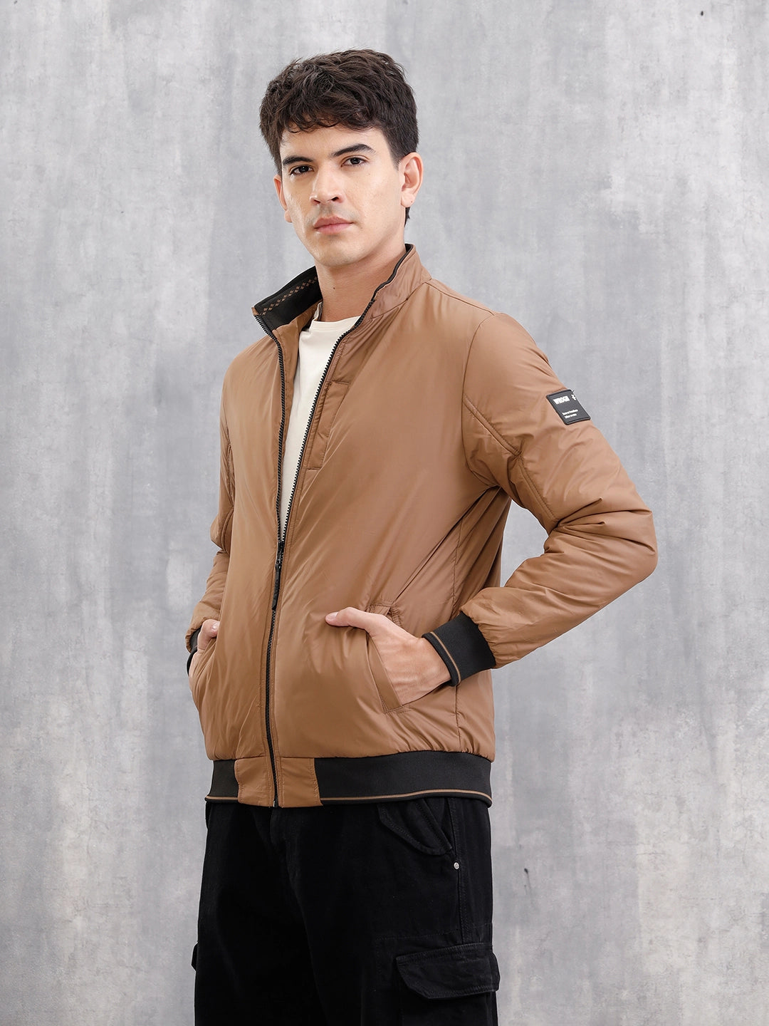 Regular Fit High Neck Jacket With Contrast Detail | Brown