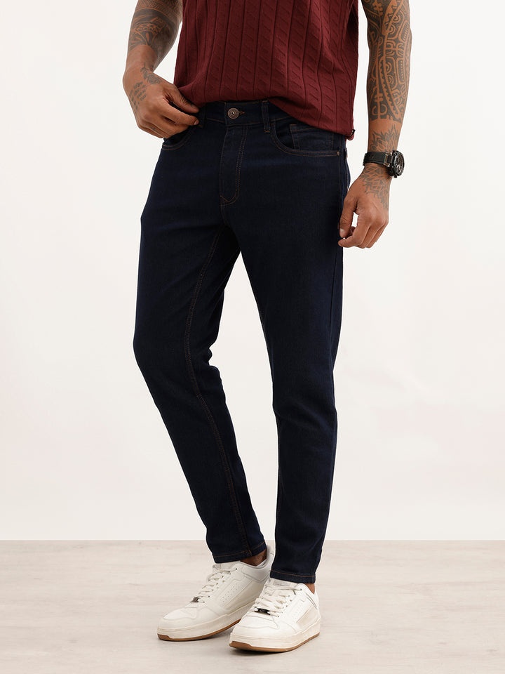 Solid Skinny Crop Fit Denim Jeans | Dark Blue