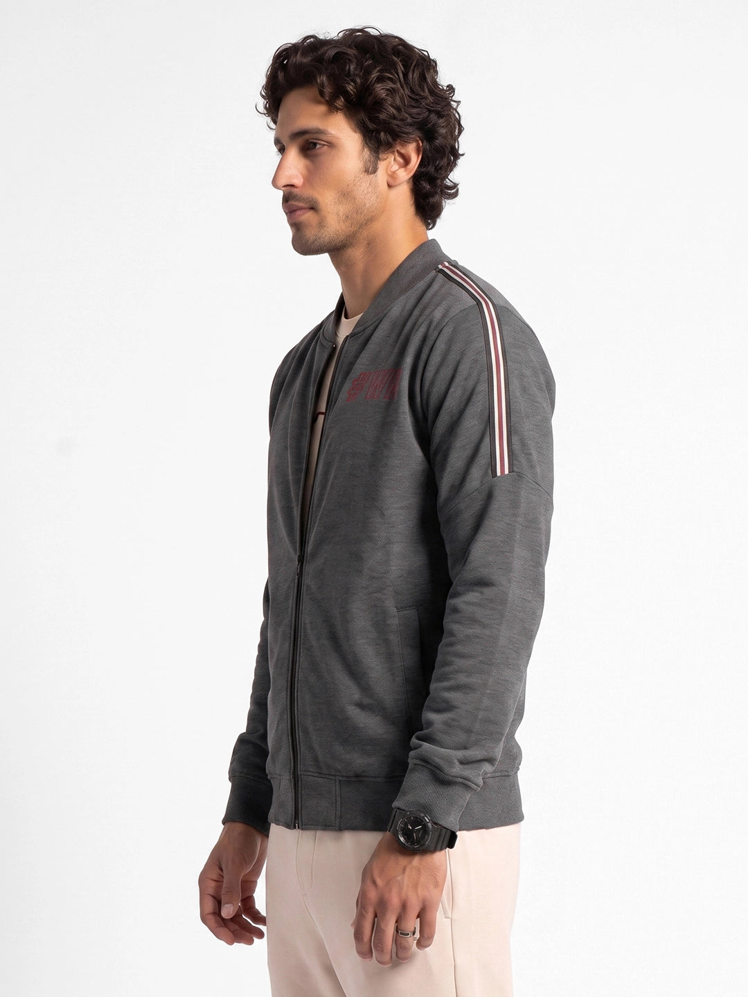 Placement Printed Zipper Jacket | Grey | WNSS7373