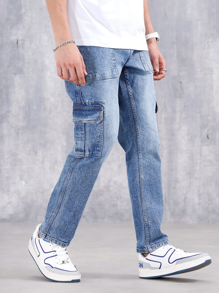Men's Casual Relaxed Fit Cargo Jeans | Med Stone