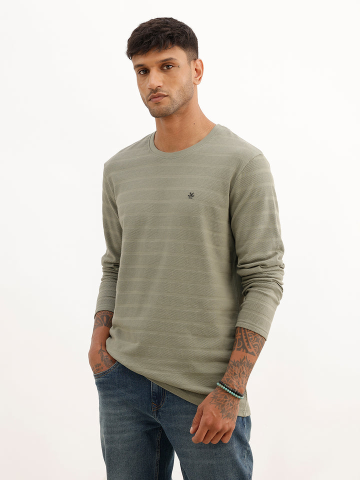 Textured Slim Fit Full Sleeve T-Shirt | Green