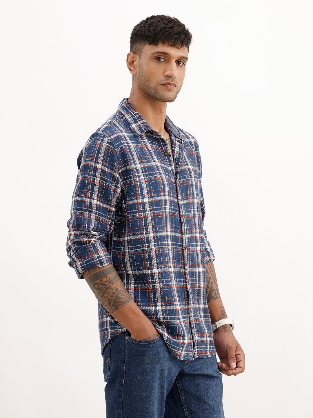 Slim Fit Checkered Full Sleeve Shirt | Navy Blue