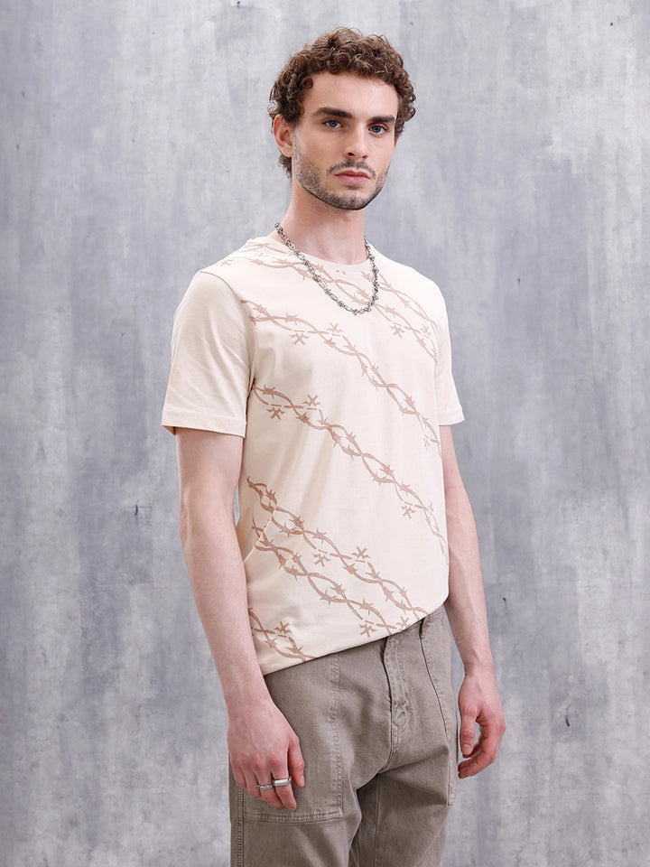 Barbed Wire AOP Slim Fit T-Shirt | Beige