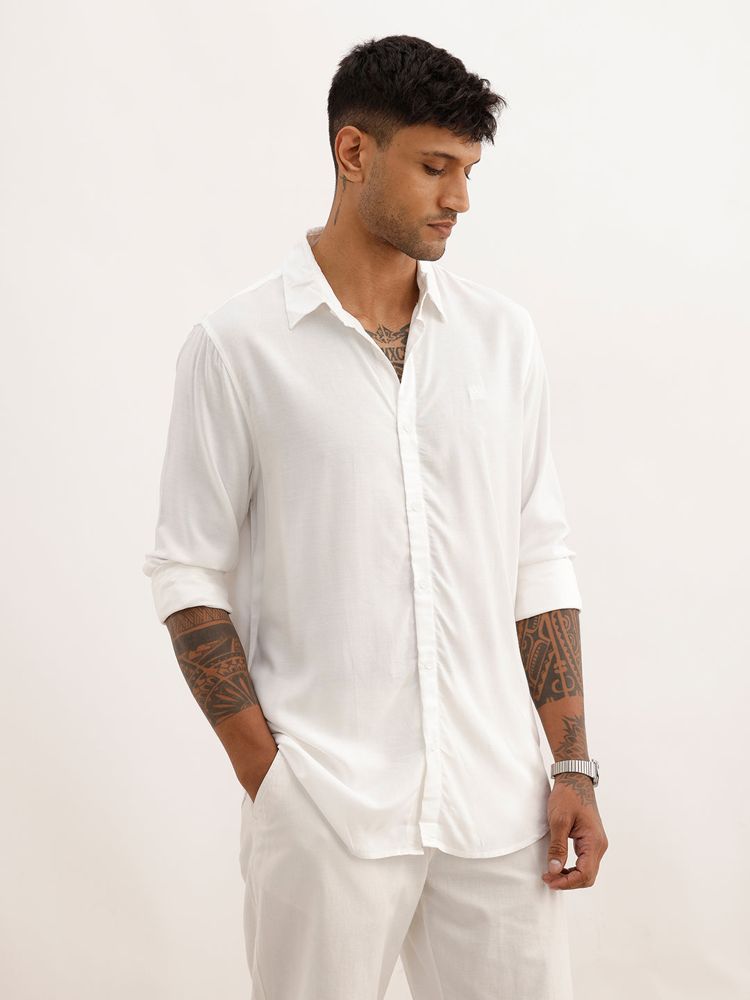Solid Slim Fit Full Sleeve Shirt | Off White