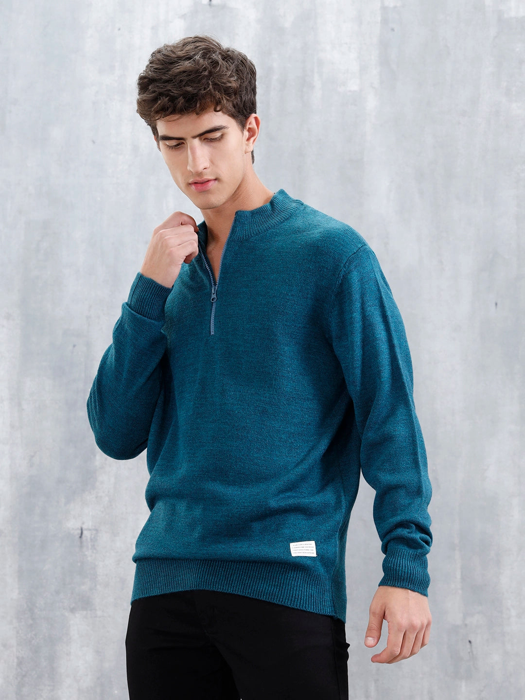 Slim Fit Casual Pullover With Zipper Detail Teal – Wrogn