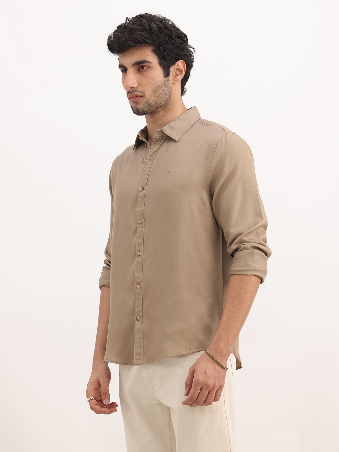 Slim Fit Solid Full Sleeve Shirt | Beige