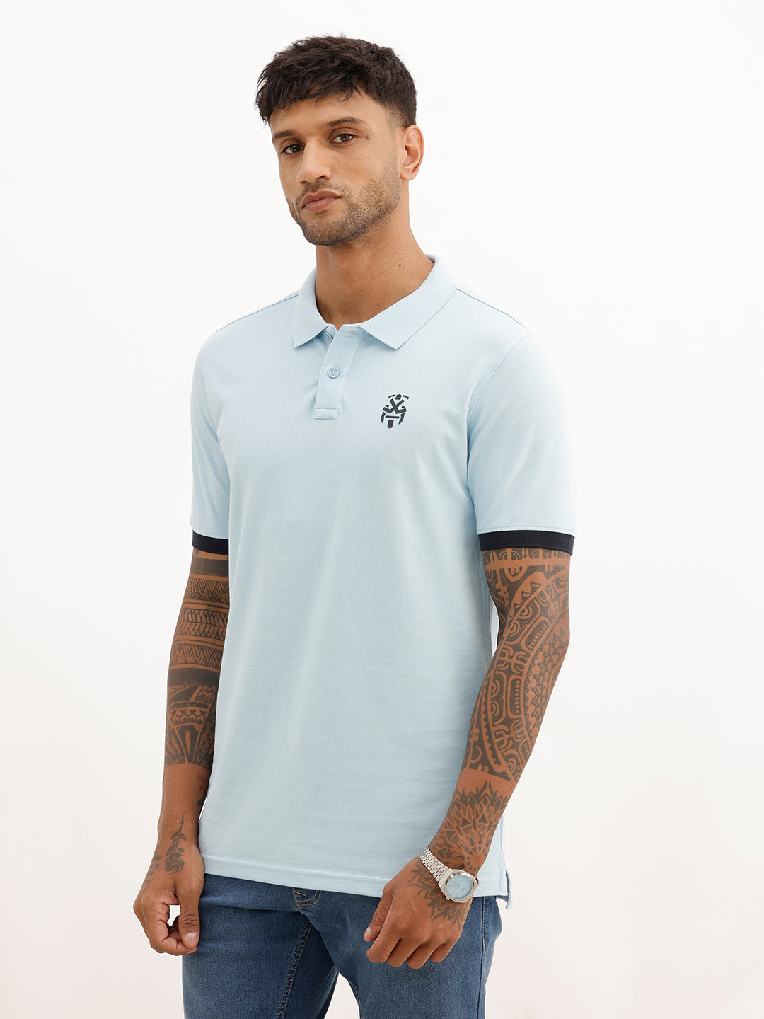 Slim Fit Contrast Sleeve Polo T-Shirt | Light Blue