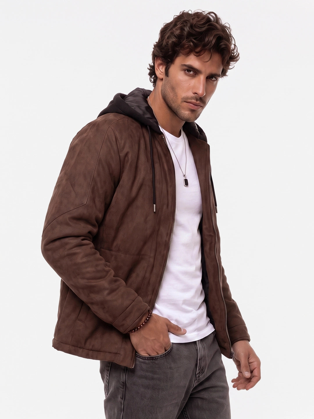 Solid Hooded Zipper Jacket | Brown