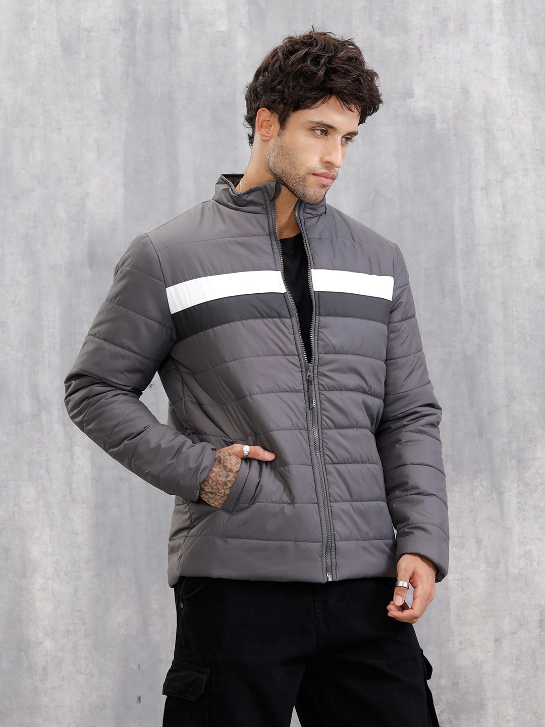 Quilted High Neck Regular Fit Jacket I Grey