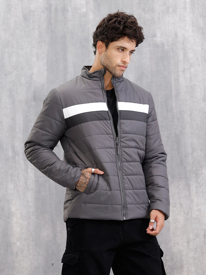 Quilted High Neck Regular Fit Jacket I Grey