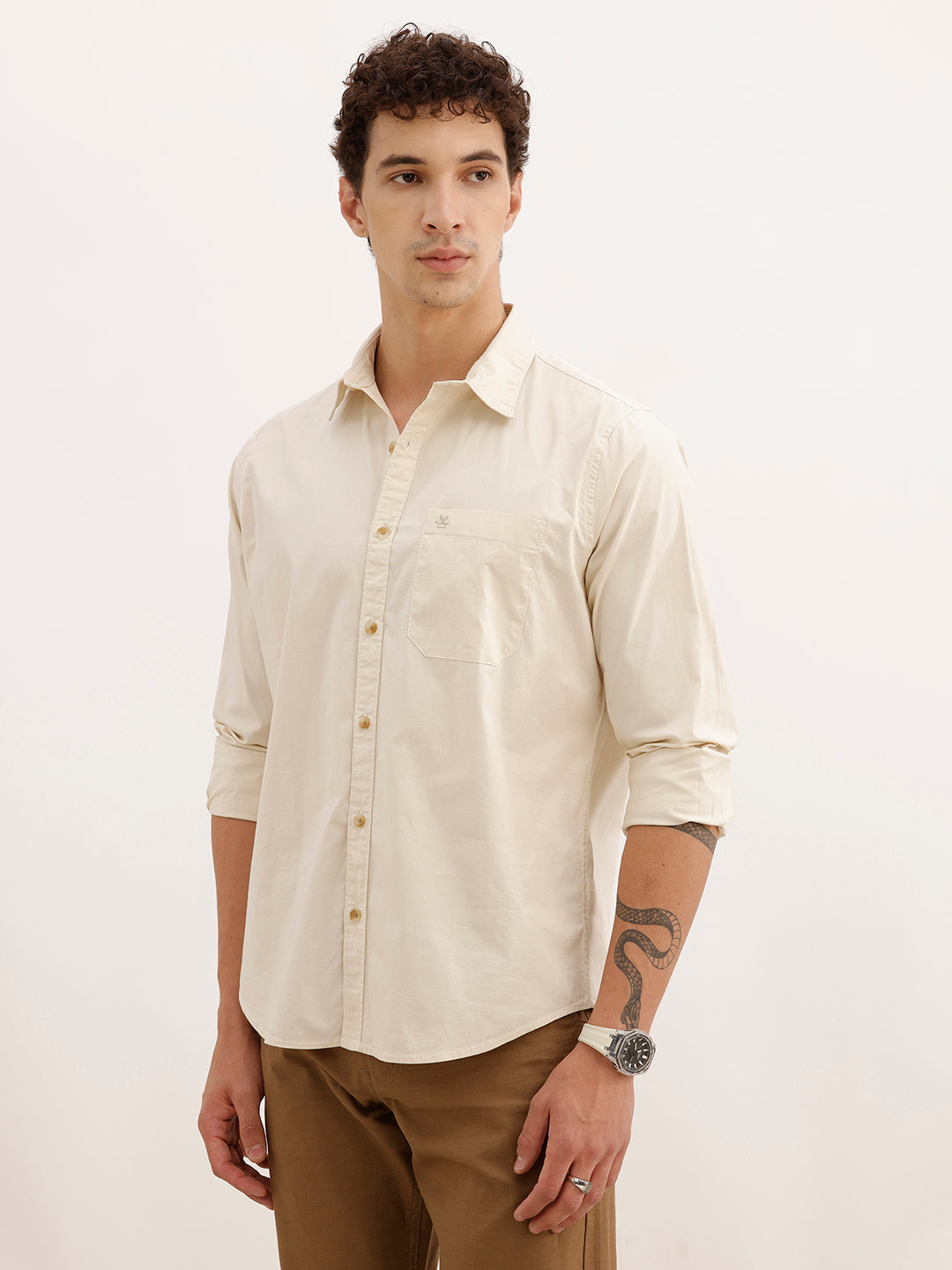 Solid Regular Fit Full Sleeve Shirt | Beige