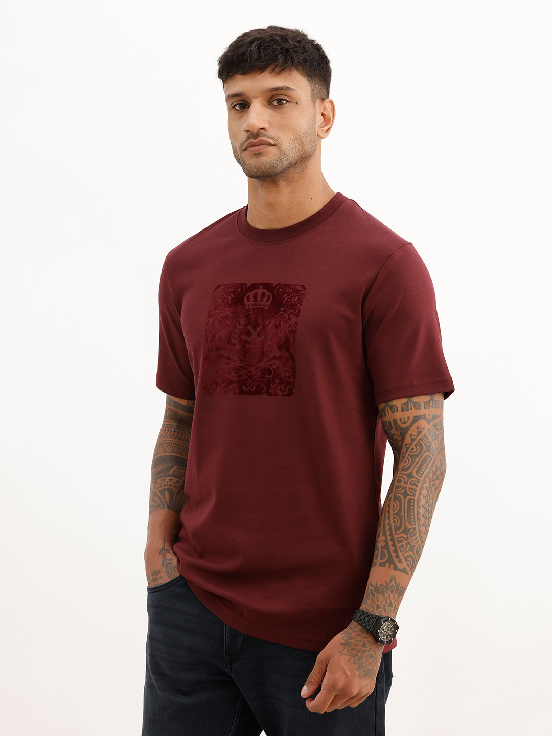 Classic Slim Fit Flock Print T-Shirt | Wine