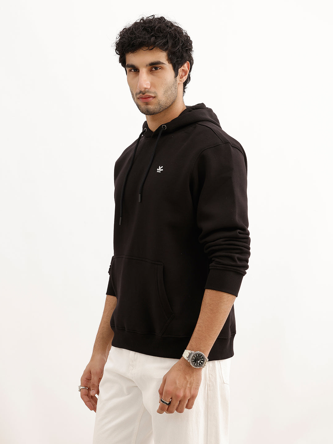 Comfort Fit Placement Printed Hooded Sweatshirt | Black