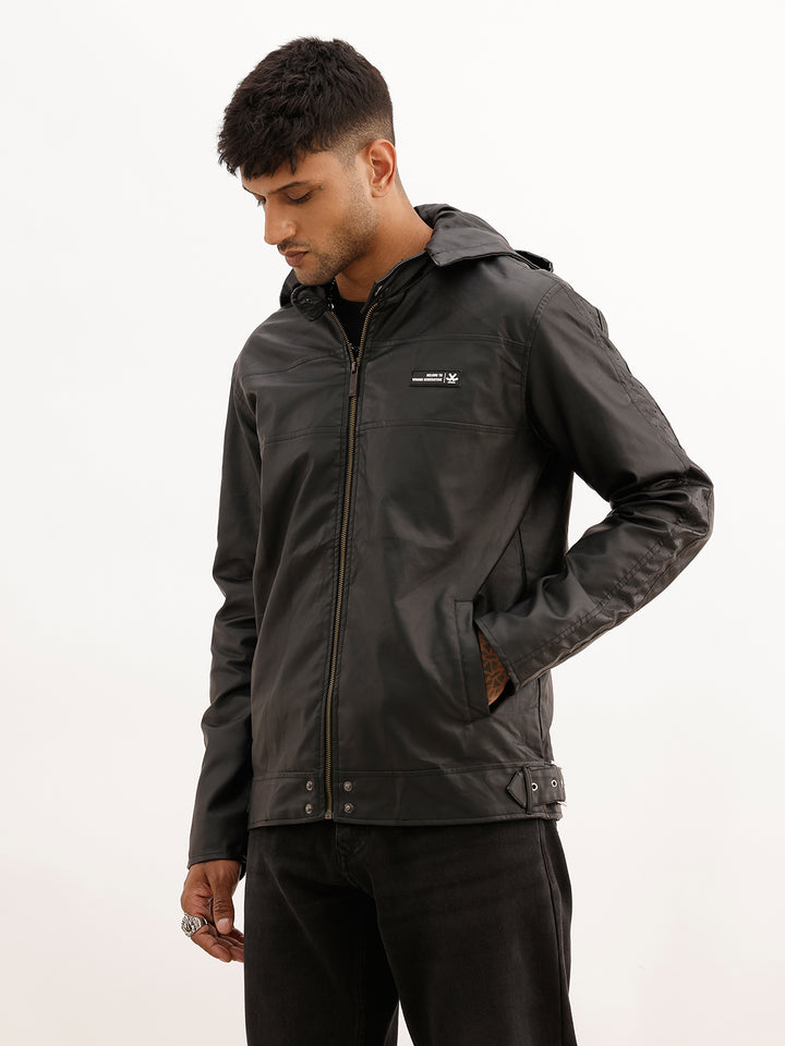 Solid Zipper Hooded Jacket | Black