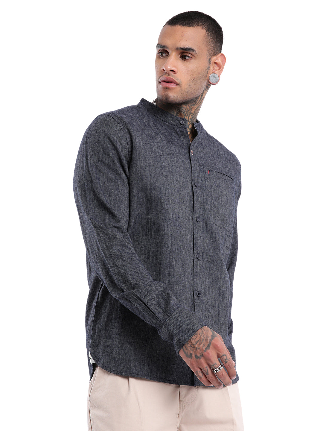 Grey Dobby Mandarin Collar Shirt