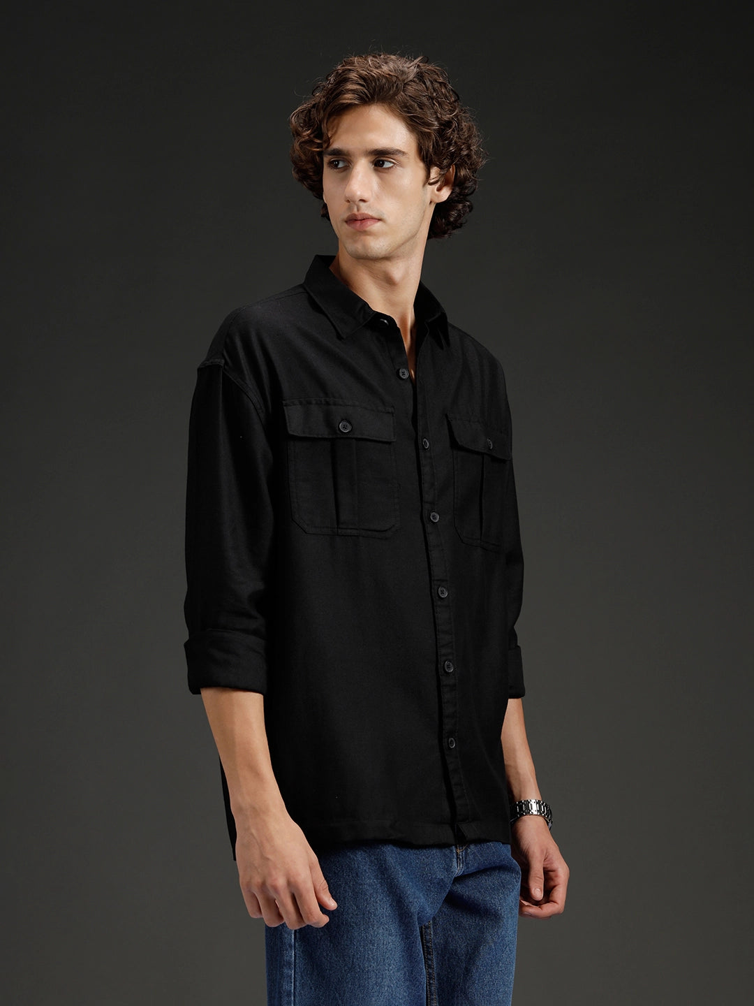 Men's casual oversized fit double pocket shirt Black – Wrogn