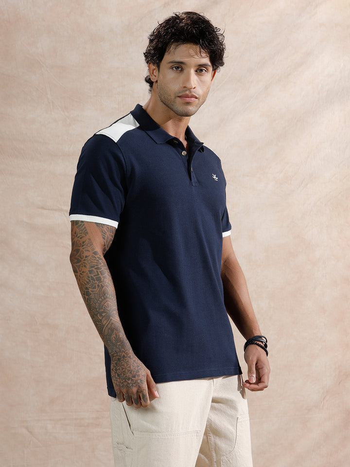 Contrast Colour Blocked Polo T-Shirt  | Navy Blue