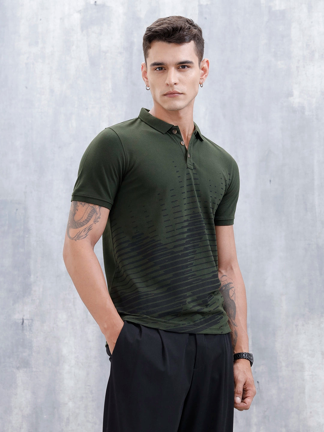 Regular Fit Graphic Printed Polo T-Shirt | Olive