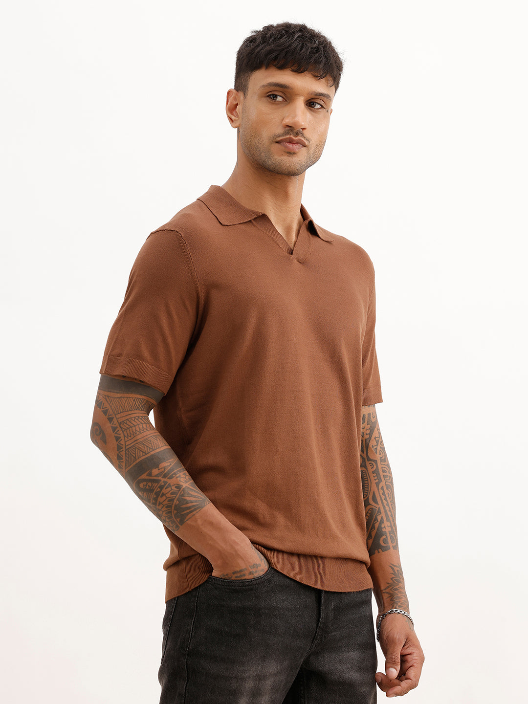 Solid Slim Fit Flatknit Polo T-Shirt | Brown | WPT02HSSL1252S
